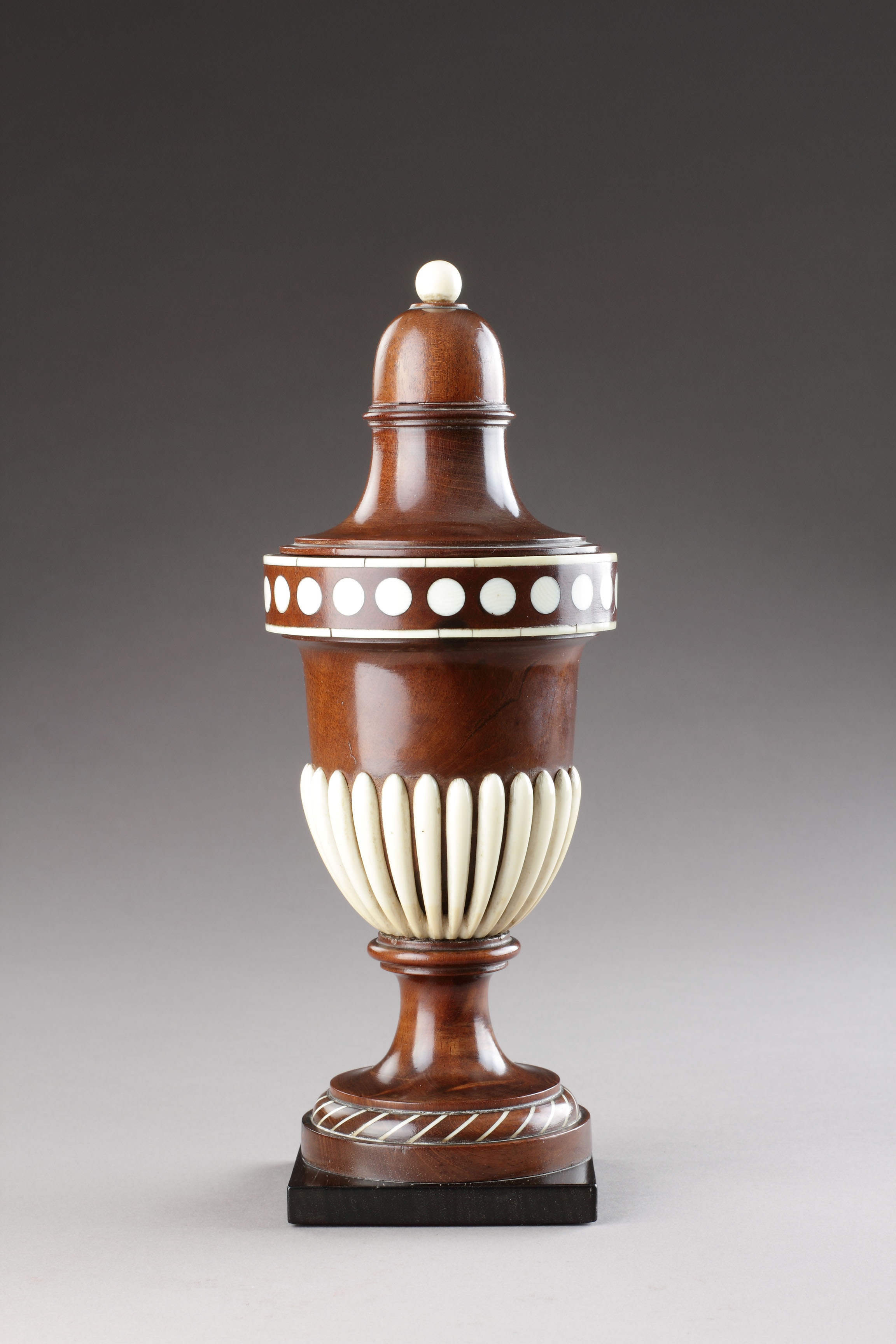 Fine Carved Walnut and Ivory Inlaid Needlework Urn 